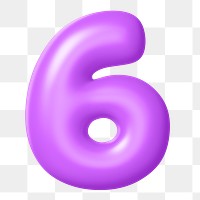3D 6 png number sticker, purple balloon texture, transparent background