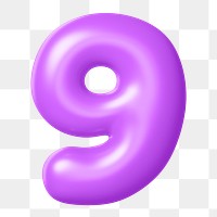 3D 9 png number sticker, purple balloon texture, transparent background