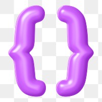 3D Curly brackets png symbol sticker, purple balloon texture, transparent background