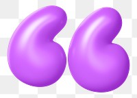 Quotation mark png 3D sticker, purple balloon texture, transparent background