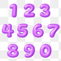 3D numbers png sticker, purple balloon set, transparent background