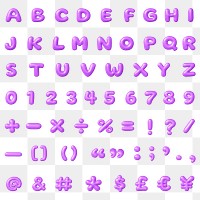 A-Z alphabet png sticker, 3D purple balloon, numbers, symbols set on transparent background