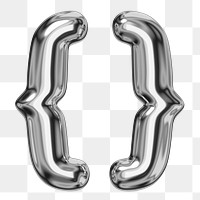 Curly brackets symbol png sticker, 3D chrome metallic balloon design, transparent background