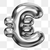 Euro currency sign png sticker, 3D chrome metallic balloon design, transparent background