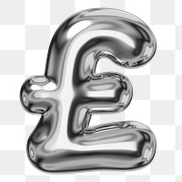 British pound sign png sticker, 3D chrome metallic balloon design, transparent background