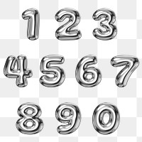 0-9 numbers, 3D metallic balloon design set, transparent background