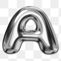 A alphabet png sticker, 3D chrome metallic balloon design, transparent background