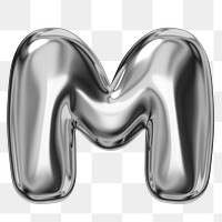 M alphabet png sticker, 3D chrome metallic balloon design, transparent background