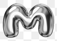 M alphabet png sticker, 3D chrome metallic balloon design, transparent background