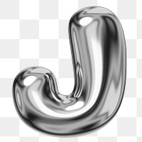 J alphabet png sticker, 3D chrome metallic balloon design, transparent background