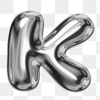 K alphabet png sticker, 3D chrome metallic balloon design, transparent background
