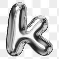 k alphabet png sticker, 3D chrome metallic balloon design, transparent background