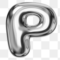 P alphabet png sticker, 3D chrome metallic balloon design, transparent background