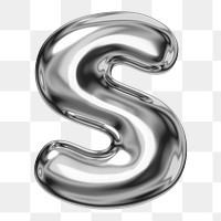 S alphabet png sticker, 3D chrome metallic balloon design, transparent background