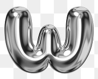 W alphabet png sticker, 3D chrome metallic balloon design, transparent background