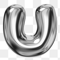 U alphabet png sticker, 3D chrome metallic balloon design, transparent background