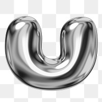 U alphabet png sticker, 3D chrome metallic balloon design, transparent background