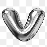 V alphabet png sticker, 3D chrome metallic balloon design, transparent background