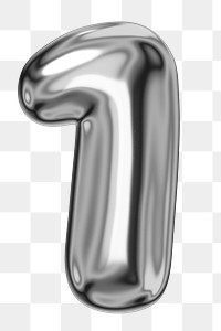 1 number one png sticker, 3D chrome metallic balloon design, transparent background