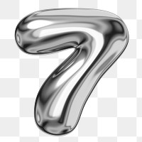 7 number png sticker, 3D chrome metallic balloon design, transparent background