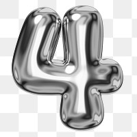 4 number png sticker, 3D chrome metallic balloon design, transparent background