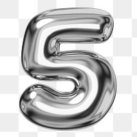 5 number png sticker, 3D chrome metallic balloon design, transparent background