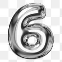 6 number png sticker, 3D chrome metallic balloon design, transparent background