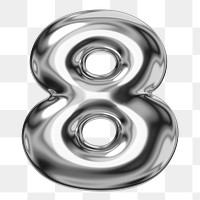 8 number png sticker, 3D chrome metallic balloon design, transparent background