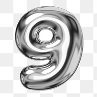 9 number png sticker, 3D chrome metallic balloon design, transparent background