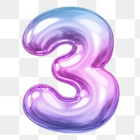 3 number png sticker, pink 3D gradient balloon design, transparent background