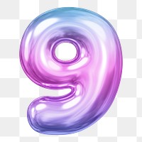 9 number png sticker, pink 3D gradient balloon design, transparent background