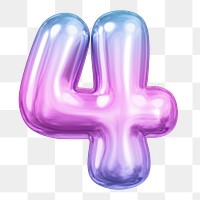 4 number png sticker, pink 3D gradient balloon design, transparent background