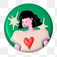 3D woman illustration png with short hair and heart t-shirt, transparent background