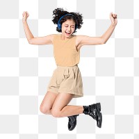 Jumping woman png sticker, listening to music, transparent background