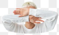 Png woman covering face sticker, transparent background