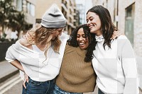 Women's sweater png transparent mockup, happy friends hugging