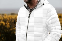 Puffer jacket png transparent mockup, outdoor photoshoot