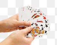 Hands holding playing cards png sticker, transparent background