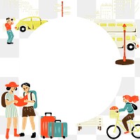Exploring city png illustration, circle frame, transparent background