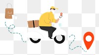 Food delivery png man driving to destination illustration, transparent background