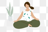 Woman png meditating at home, wellness illustration, transparent background