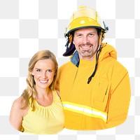 Png happy firefighter couple sticker, transparent background