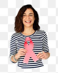 Woman png holding pink ribbon, cancer awareness campaign, transparent background