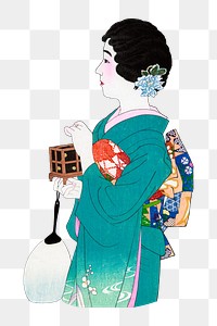 Japanese woman png holding firefly cage on transparent background.    Remastered by rawpixel. 