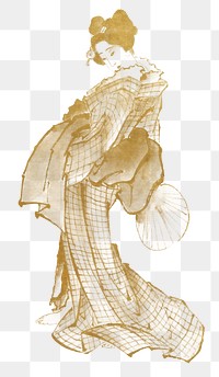 Hokusai's Japanese woman png gold character on transparent background. Remixed by rawpixel.