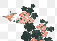 Hokusai’s red roses and bird png on transparent background. Remastered by rawpixel. 