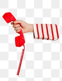 Png hand holding telephone sticker, transparent background