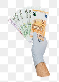 Png hand holding money sticker, transparent background