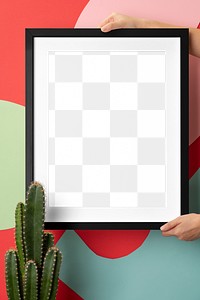 Picture frame png mockup, woman decorating wall, transparent design