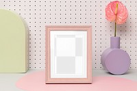 Photo frame png mockup, flower vase decor, transparent design